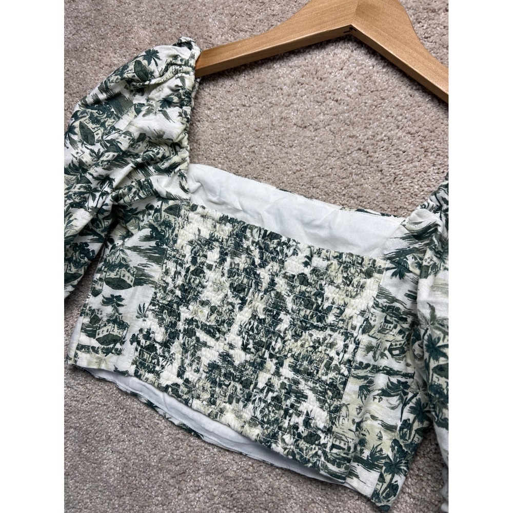Abercrombie Fitch Smocked Square Neck Crop Top NWT Puff Sleeve Linen Tropical XS - Picture 10 of 10